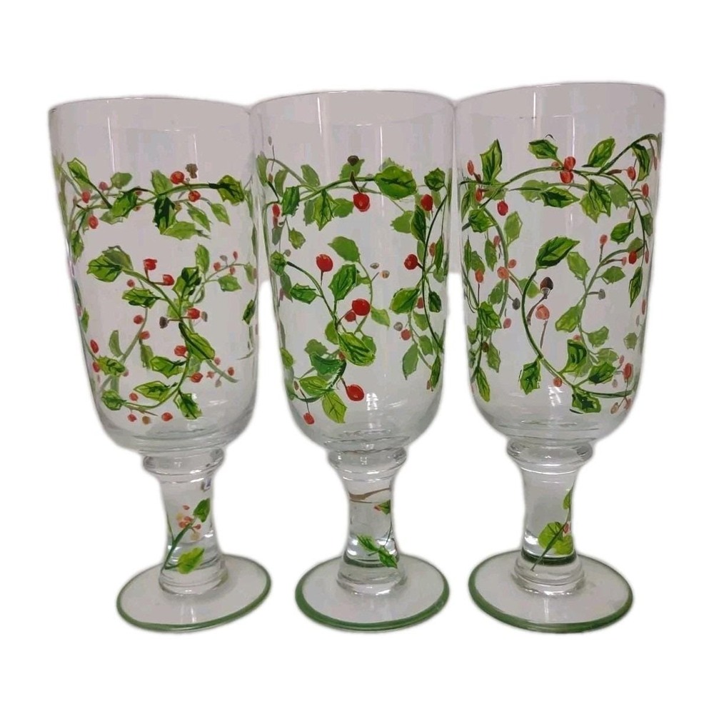 Block Holiday Glasses set of 3 20 oz hand painted Holly Berry Footed Christmas